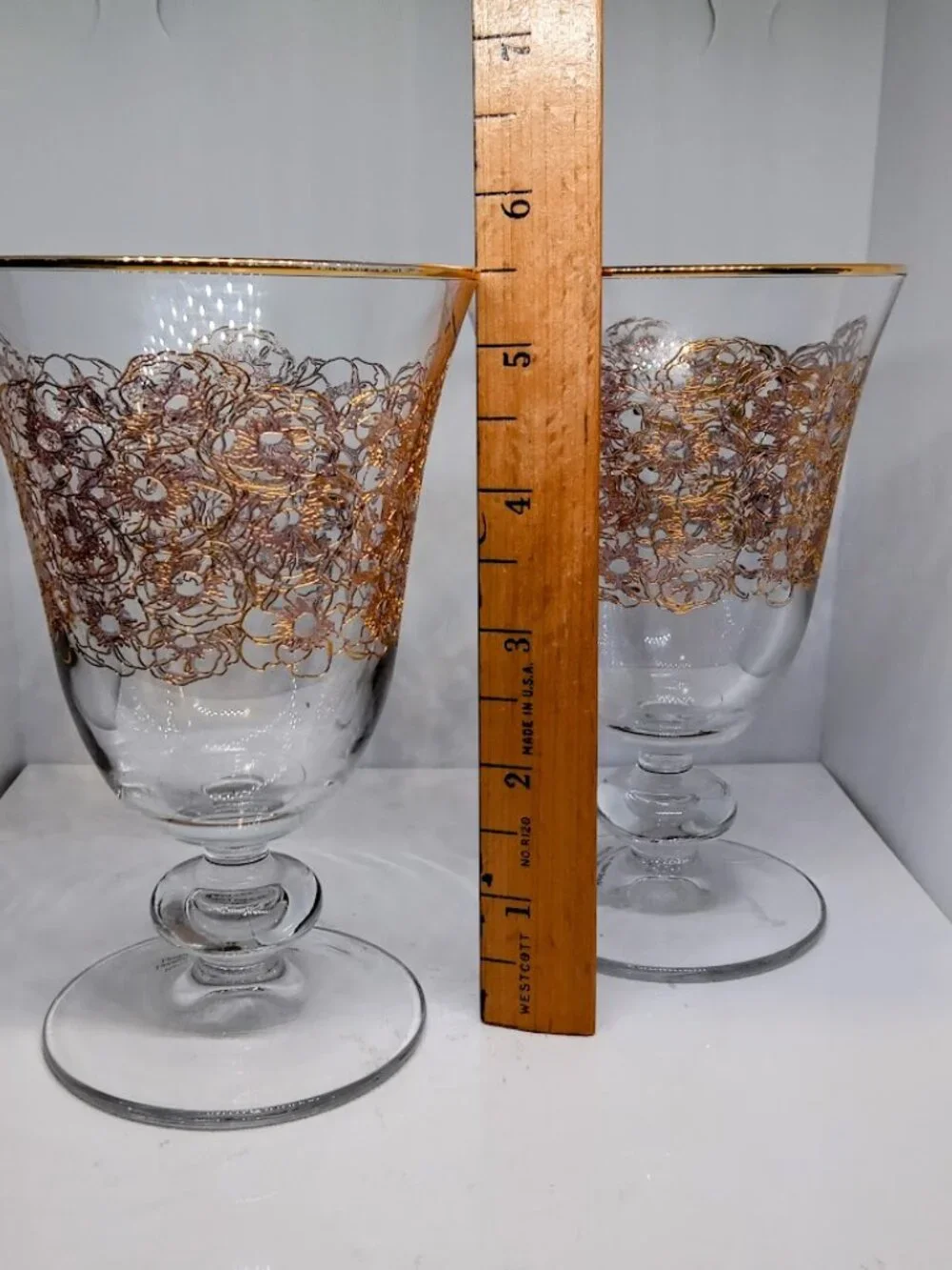 Williams Sonoma Goblets/Wine/ 24k Gold Floral Etched Pantograph Pattern